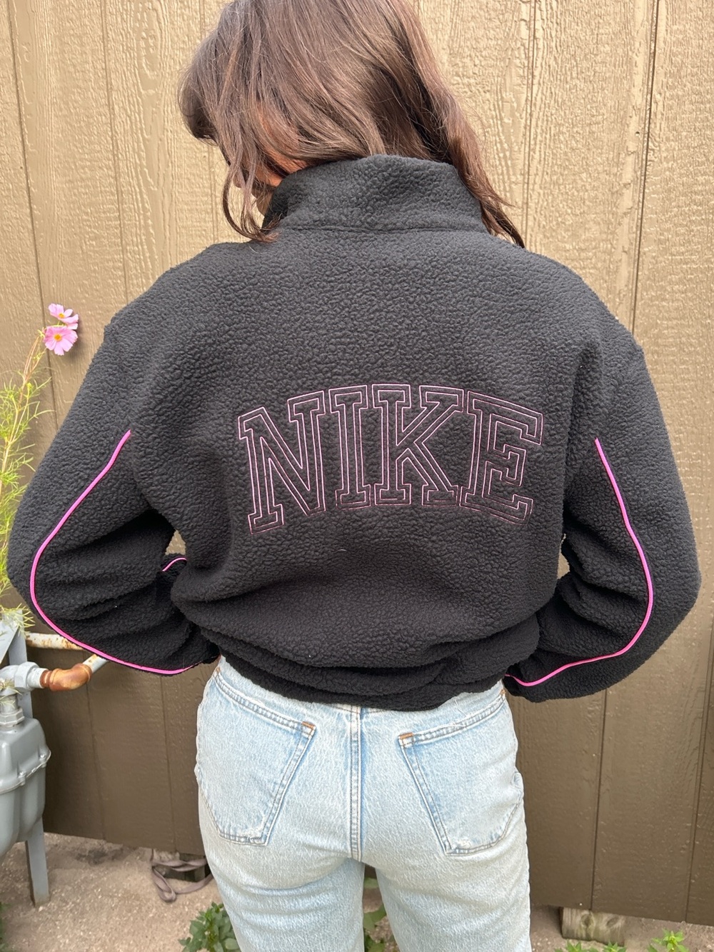 Women’s small (oversized fit) Nike Black Sherpa Jacket with Pink Piping